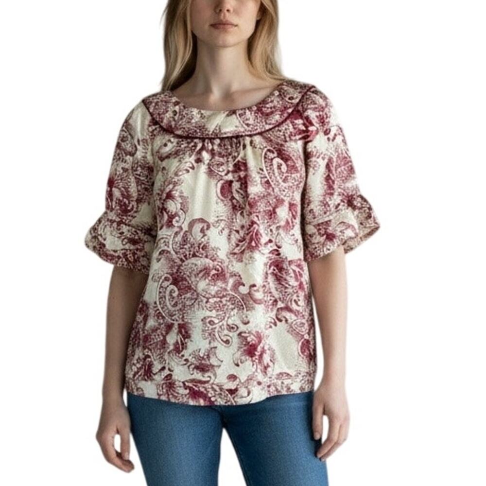 BCBGmaxazria Blouse S Burgundy Cream Floral Silk‎ Ruffle Sleeve Top Baroque Boho
